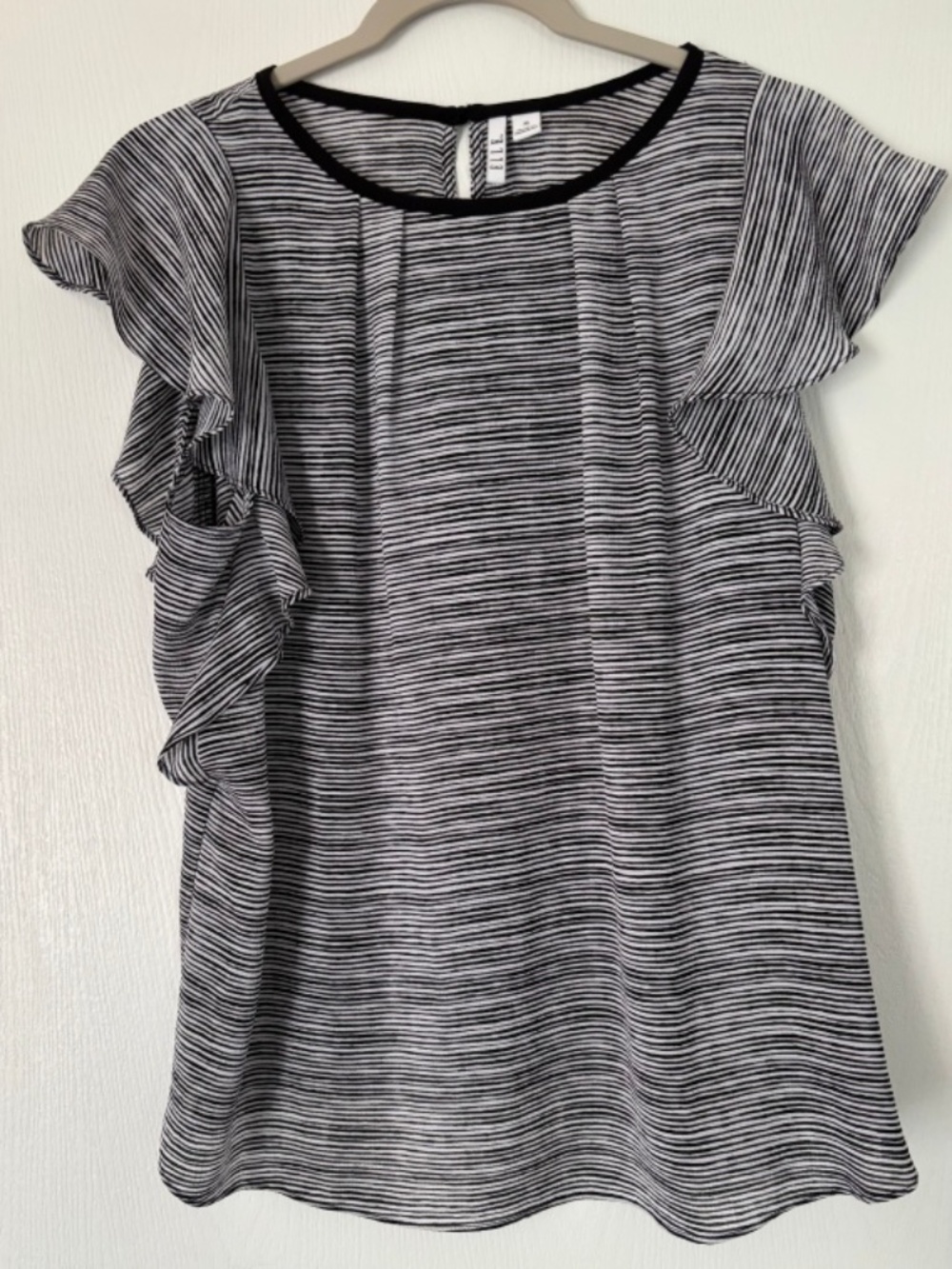 ELLE Striped Ruffle Flutter Top in Black & White Meduim M